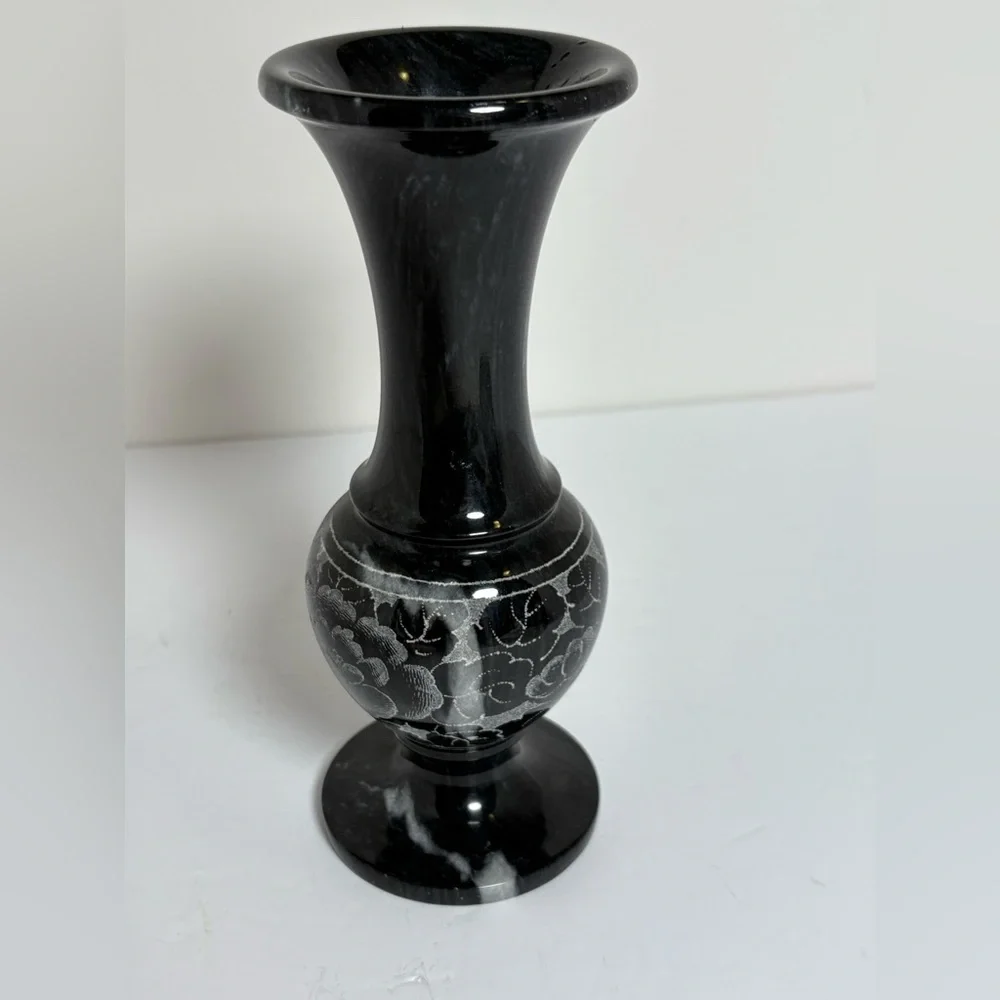 Vintage Marble Dark Gray Floral Etched Vase